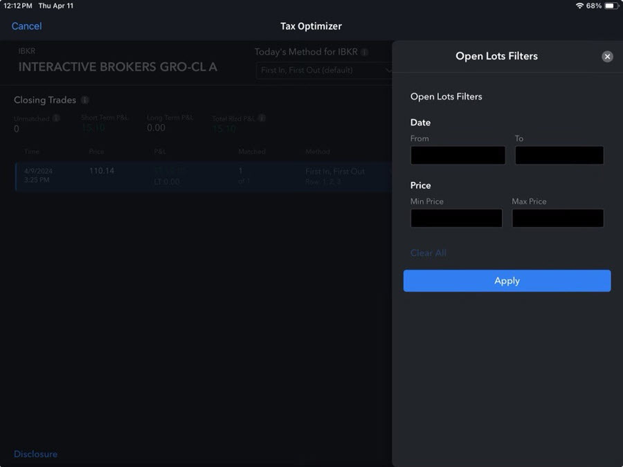 The tax optimizer open lots filters on the iPad
